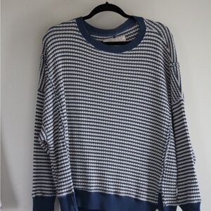 Blue and White Striped Waffle-Knit Sweater